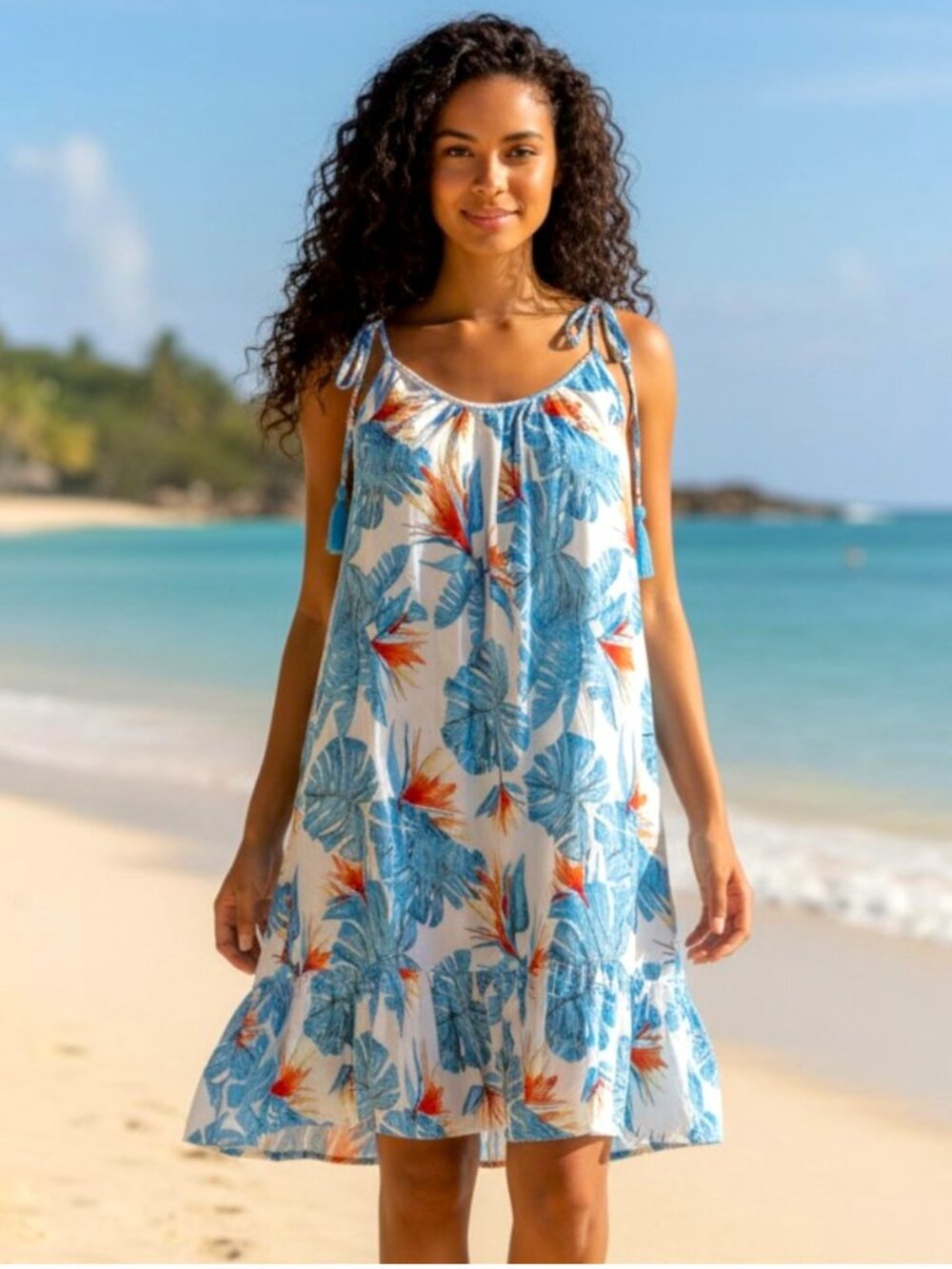 Blue Island White Tropical Floral Print Sleeveless Beach Dress Size L NWT